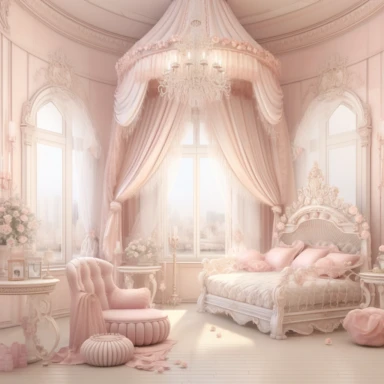 panoramic view, full view, beautiful elegant royal baby girl nursery room drawing painting, frilly, romantic, fantasy, ethereal, light pink and white colors, beautiful crib with beautiful full flowing canopy, beautiful bling crystal chandelier, soft pink teddy bear, beautiful large Victorian style window with beautiful pink flowing drapes, faux fur rug, sharp focus, high detail, 8k, illustration clipart style, transparent background