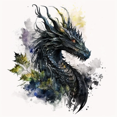 Capture the fierce and majestic presence of a black dragon with this stunning watercolor clipart design. The dragon is depicted in exquisite detail, with shimmering scales that seem to glint in the light and piercing eyes that hint at its unbridled power. The design is rendered in rich, bold strokes that give it a sense of movement and vitality, as if the dragon is ready to leap off the page at any moment. The circular brush-painting frame adds to the overall effect, lending a sense of fluidity 