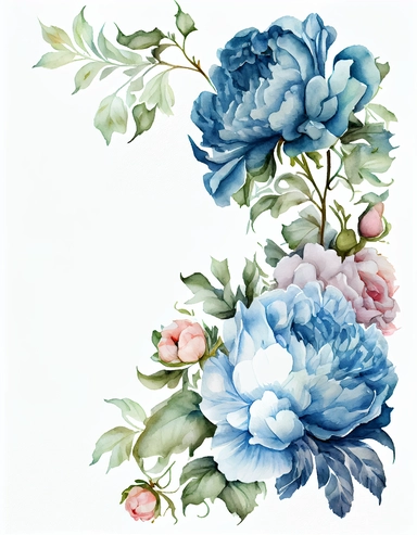 detailed watercolor blue peony corner border , isolated on white background, realistic, clipart