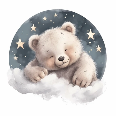Cute baby bear illustration by willows character, realistic adorable baby bearr sleeping on a soft moon surrounded by stars, sleepy happy clipart, nursery style clipart, Nursery Animals Art, Kids Wall Art, Kids Room Decor, Baby Room Decor, isolated on white, ultra - detailed, high quality, ghibli style, award winning