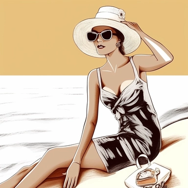 portrait view, full view, clipart illustration, beautiful lady sunbathing on beach, exact image, sharp focus, high detail, (--iw 5)