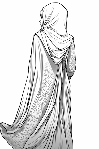 coloring page of a Hijabi woman back full body view clipart illustration, no face is seeing, muslim lady clipart, veiled woman clipart, floral lady hijab clipart , coloring book page for teens, no text, clean and simple line art