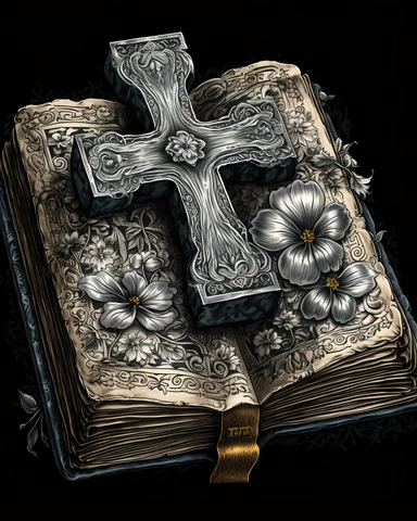 realistic colorized, intricate detailed sketch black white clip Art line art with shading of a metal Christian cross, flower and old Bible, mysterious dark background, cut and paste style, hd, 48k,