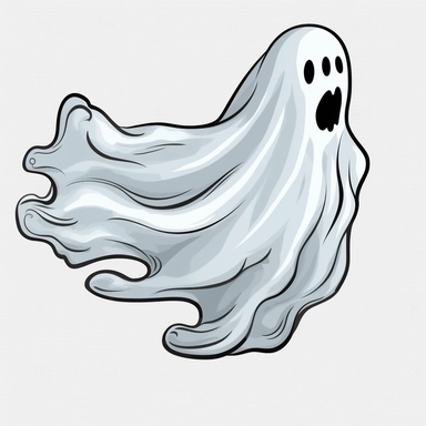 clipart, ghost floating, cartoony, black vector lines, white transparent background
