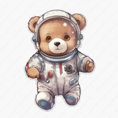 Cute Teddy Bear Clip Art, sticker, different move, wearing clothes, white background, 4K, in space being astronaut