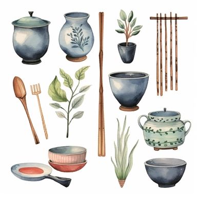 Watercolor 반찬, illustrations clipart set, simple, soft colors, cartoon elements, different variants,, porcelain elements, chopsticks , separate elements with a margin