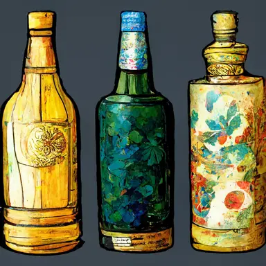 various bottles of alcohol, clipart, style of Mikhail Vrubel
