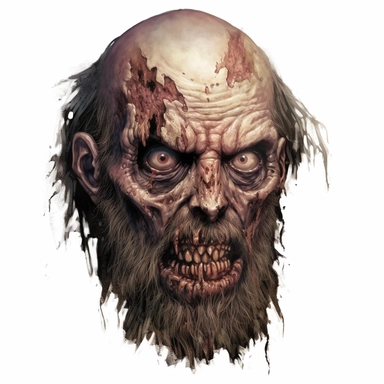 an undead zombie head with a beard, angry expression, pastel, photorealistic, hyper realistic, ultra high-detail, dark outlines, white background, clipart,