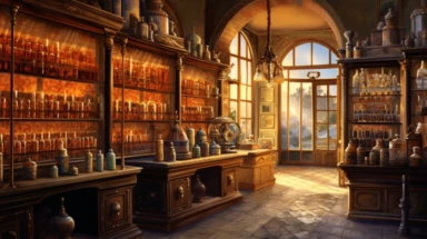 illustration, realistic interior of a vintage 1896 perfumery and pharmacy with some perfume bottle boxes incense boxes, atmospheric sunset lighting, Clipart, watercolor, realistic, full building, highly detailed, hdr, 32K, photo expert quality, watercolor realistic, hyperrealistic and highly detailed