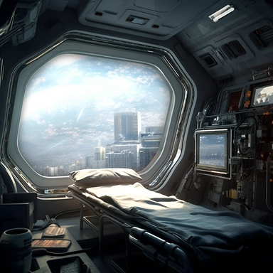 movie clip scene , photographic high definition render, cold blinding shinny white winter light god rays shadows shimmering closeup detail concept art detailed painting with giant spaceship window of a cool industrial living quarters spaceship , huge over window with gorgeous galactic view, happy blade runner android, cool airvehicle cockpit, living bedroom office, droid parts in shinny clothes sitting on a fresco concrete wall, cool sci-fi vehicle utilitarian, weapons and energy guns room, 1970