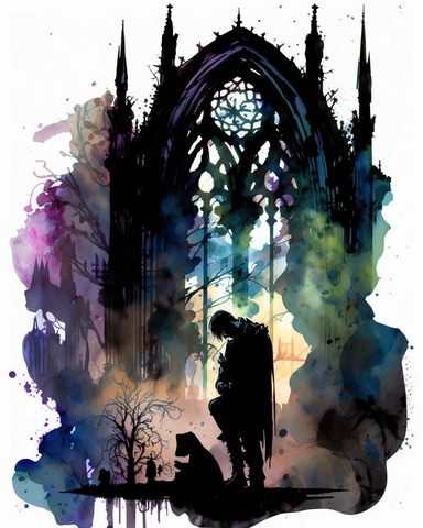 A haunting gothic cathedral with stained glass windows depicting twisted creatures, eerie candlelight casting ominous shadows, a solitary figure kneeling in prayer, Magical gothic watercolor clipart, painted with black ink and watercolor, white background, spaced out, fantasy