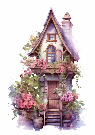 A realistic high detailed fairytale style attic corner with watercolor effect,suitable for digital clipart,white background,magical flowers,magical scene,fairy vibrant colors,pink,purple,lavender,