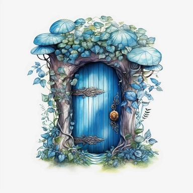 Watercolour beautiful azure blue realistic forest fairy door with realistic perfectly detailed forest leaves beautiful realistic details perfect forest fairy door magnificent details beautiful compelling realistic PNG image,ultra highly detailed, 18k, sharp focus, bright photo with pastel colours digitally enhanced, enhanced graphics, straight, sharp focus, bright lighting, intricate detailed png image ,high definition,300dpi,graphic clipart,computer graphics