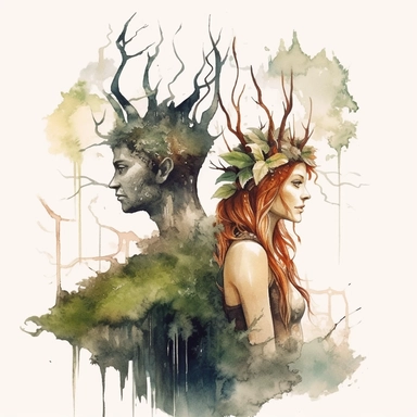 watercolor clipart elf woman with pointy ears with another man elf watching each other surronded by wood roots and nature