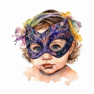 cute baby girl wearring carnival mask, mardi gras, kaluta art style pen and ink watercolor clipart,isolated on white background