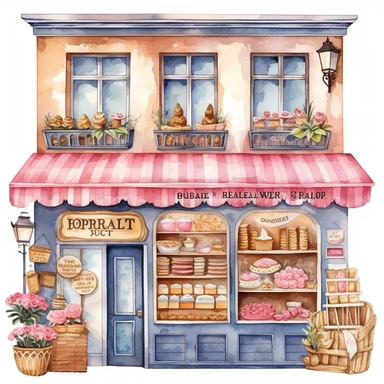 Watercolor Bakery Storefronts Clipart - cute bakery shop