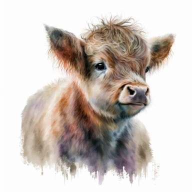 Cute head of a baby highland cow, adorable, watercolour clipart, absolutely nothing in the background just a white plain background, long hair, light colours