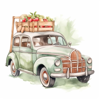 easter basket watercolor clipart & clip art, in the style of light red and dark gray, narrative paneling, classic american cars, uhd image, hand lettering, depiction of rural life, wood