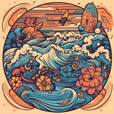 logo clipart, Summer + swimming pool + surf waves line up + Tropical Paradise + Melting psychedelic acid trip + illustration style