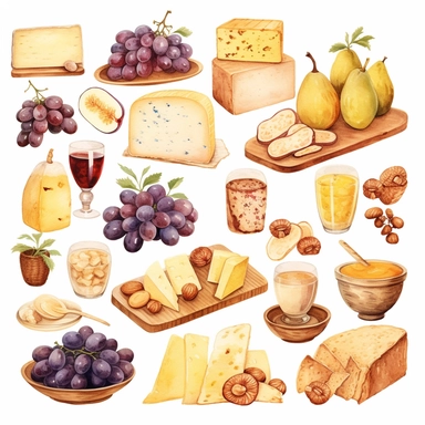 Watercolor cheese platter with wallnuts and grapes and raisins and figs nicely placed along with cheese on a very large wooden flat plate or cutting board, illustrations clipart set, simple, soft colors, cartoon elements, different variants, cheese from around the world, wooden elements, separate elements with a margin