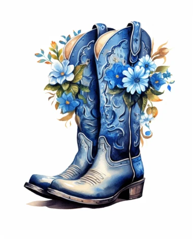create a high quality watercolor clipart of a floral cowboy boots with vibrant blue flowers on the white background. The image needs to be high resolution.