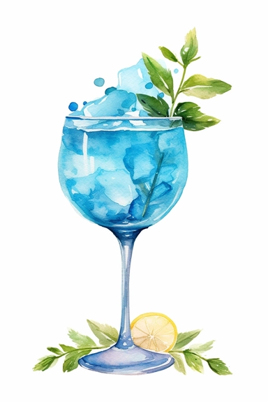 Watercolor blue cocktail, wedding, simple, soft colors, cartoon elements, watercolor boho style, clipart, white transparent