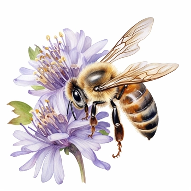 hyperrealism painting , honey bee in a flower , white background, watercolor style, farmhouse chic, tempera clipart