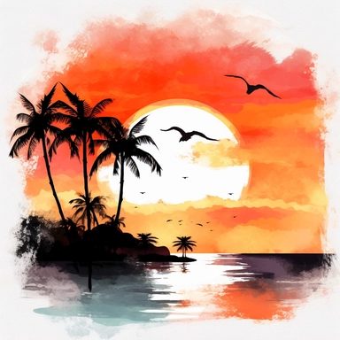 Sunset Clipart in watercolor, Palm Tree Beach, birds, man on beach, hd, color-splashed, masterpiece, close to perfection, rich colors, hyper realistic, white backgraound, 8k v 5.1 ar 16:9 s 300