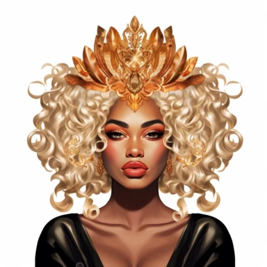black dark-skin women with big blonde curly flower hair wearing a golden crown staring straight forward with big red shiny lips, clip art