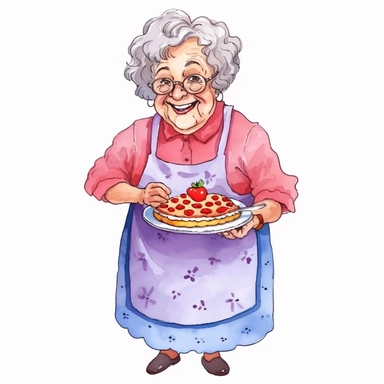 Granny with cake, Grandma, illustration, extremely detailed, illustration clipart, on white background, watercolor
