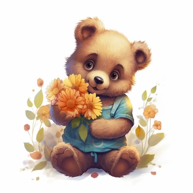 Cute Beautiful bear holding a flower Sublimation Clipart, Cartoon, hyper realistic, intricate detail, illustration style, high solution, on the white background