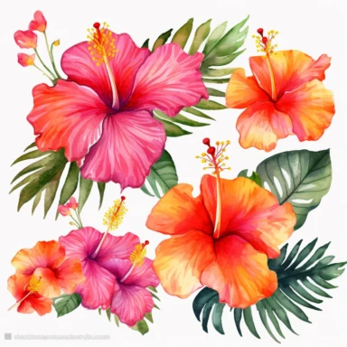 Watercolor Tropical Hibiscus Clipart by Thomas W. Schallerof: A vibrant and exotic design featuring tropical hibiscus flowers in shades of pink, orange, and red on a white background. The flowers are different-size and bold, while the leaves are thick and tropical, creating a lively and festive composition