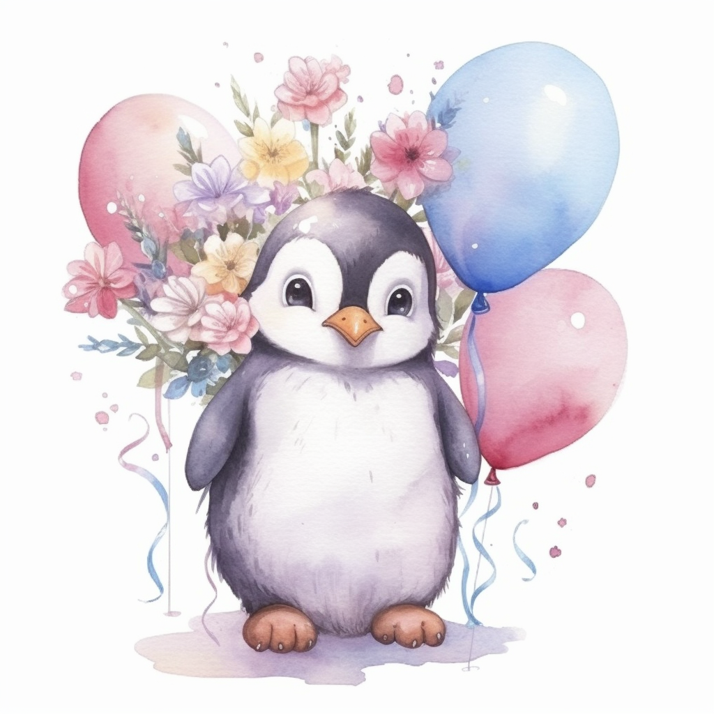 cute snowy ilustration, realistic adorable penguin with baloons and ...