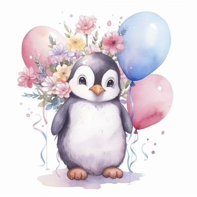 cute snowy ilustration, realistic adorable penguin with baloons and flowers happy clipart, nursery style clipart, Nursery Animals Art, Kids Wall Art, Kids Room Decor, Baby Room Decor, isolated on white, ultra - detailed, high quality, ghibli style, award winning