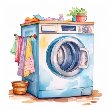 A hyper - realistic detailed watercolor illustration,Whimsical watercolour cute clip art laundry room,isolated on white background with margins, cut - out image