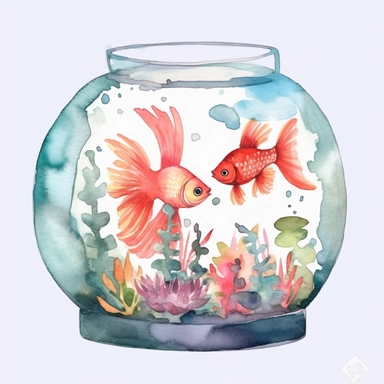 Watercolor fish tank clipart, white isolated background, space out, hd