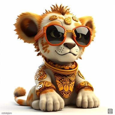 ticker clipart cartoon of a cute lion cub with sun glasses, dressed with tribal african gear,3D, disney pixar style, puppy eyes, looking at athe camera, white background ,high definition, high resulotion, highly detailed,16K