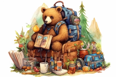 Adorable bear on adventure, camping gear, vivid colors, ornamental watercolour clipart, I can't believe how beautiful this is