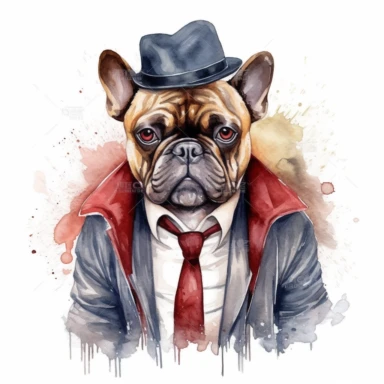 angry mafia boss french bulldog with human hands, dressed like tom shelby from peaky blinders, watercolor clipart, minimalist, bright colors, isolated white background, 8k