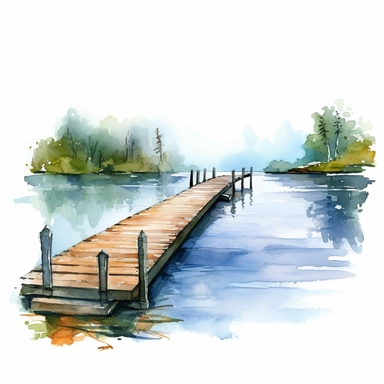 watercolor clipart dock lake, white background