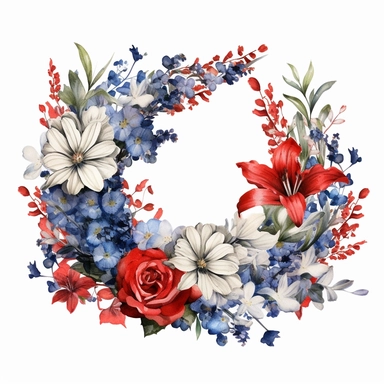 wreathe of flowers, in the style of fourth of july realistic and hyper-detailed watercolor painting, sketchfab, ahmed morsi, realistic watercolor paintings, use of common materials, handcrafted designs clipart red white and blue with white background