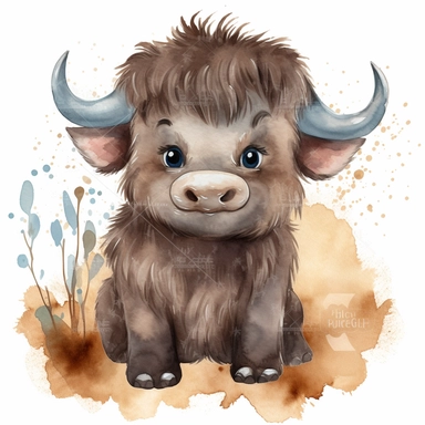 watercolour Happy Baby Buffalo Cartoon Clipart, Cute, no text