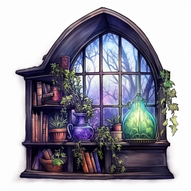 Magical style wizard's magic attic corner with watercolor effect, suitable for digital clipart, full of old magic tools, cabinet full of magical plants, magic glass globe, a gothic style window with night landscape, white background, magical scene, fairy dark colours, green, blue, purple, gothic details