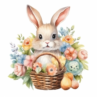 clipart, isolated on white background, Watercolor bunny and basket and colorful eggs, easter style, detailed, flowers, ornated, pastel colors