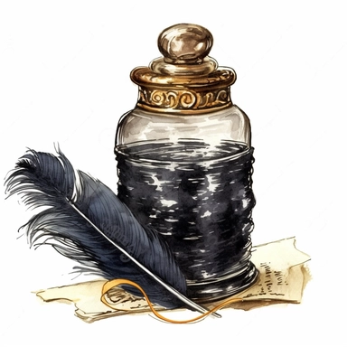 feather writing pen jewellery ink in a container digital clipart on white background