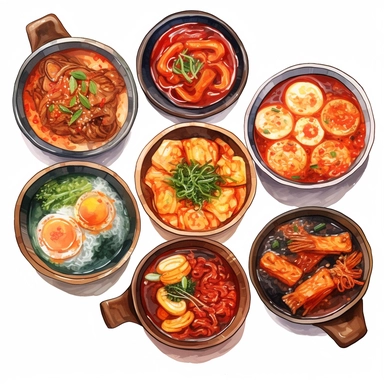 Kimchi, Korean fried chicken, Tokpokki, Ramyeon, Jajangmyeon, Kimbap, Bibimbab, Shabu Shabu, Sundubu jigae, Ginseng chicken soup, korean food, white background, clipart, Object, vector collection, 8k, watercolor