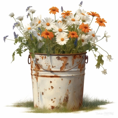 351391 watercolor for a clipart with a white background of wildflowers growing in a rusty metal bucket, hyperrealism, painted by Bo Bartlett