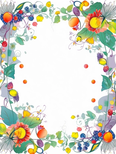 narrow vignette along the sides and the corners of the picture, little cute wild bright floral clipart faces and flowers and berries vignette, soff pastel blank center of the picture,