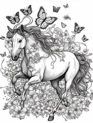 Coloring book, black and white, linework, clip art of a four legged horse running with butterflies.