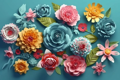 3d render, craft paper flowers, floral clip art set, botanical design elements, bright candy color, isolated on sky blue background vector art illustration